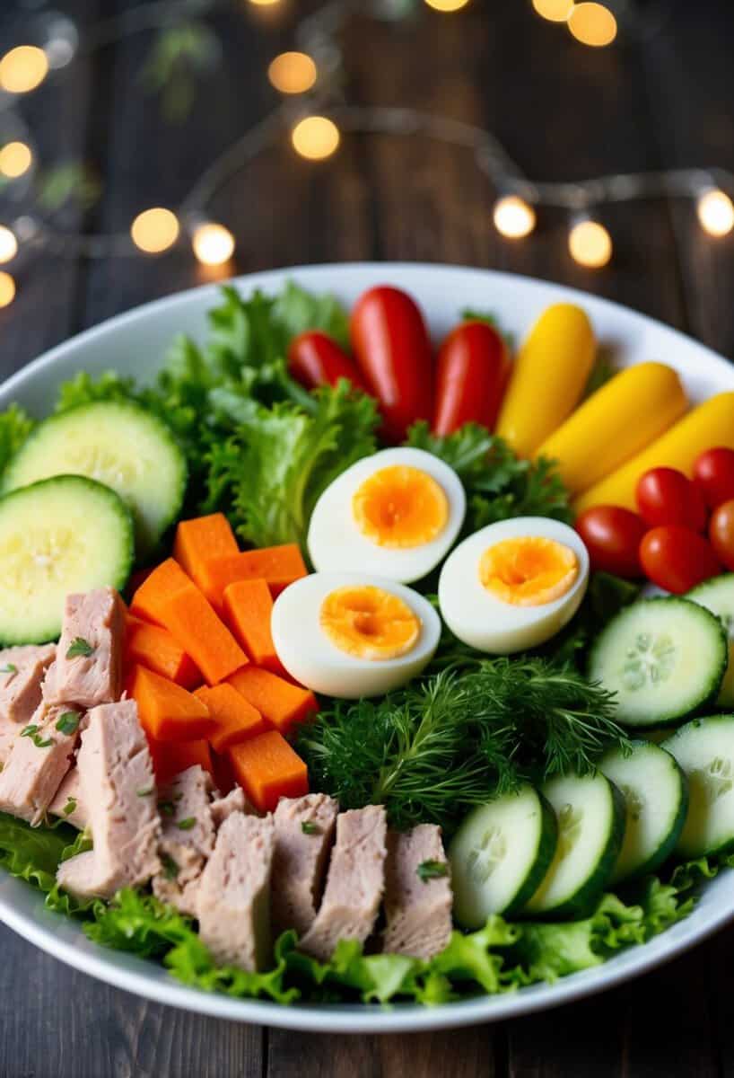 A colorful array of fresh vegetables, tuna, and hard-boiled eggs arranged on a bed of lettuce in a bowl