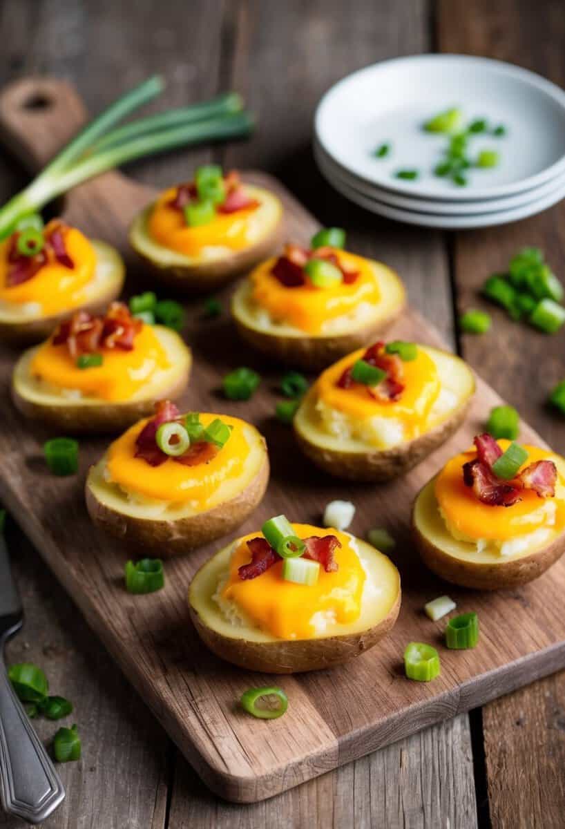 Sliced baked potato rounds arranged on a rustic wooden cutting board, topped with melted cheese, crispy bacon bits, and green onions