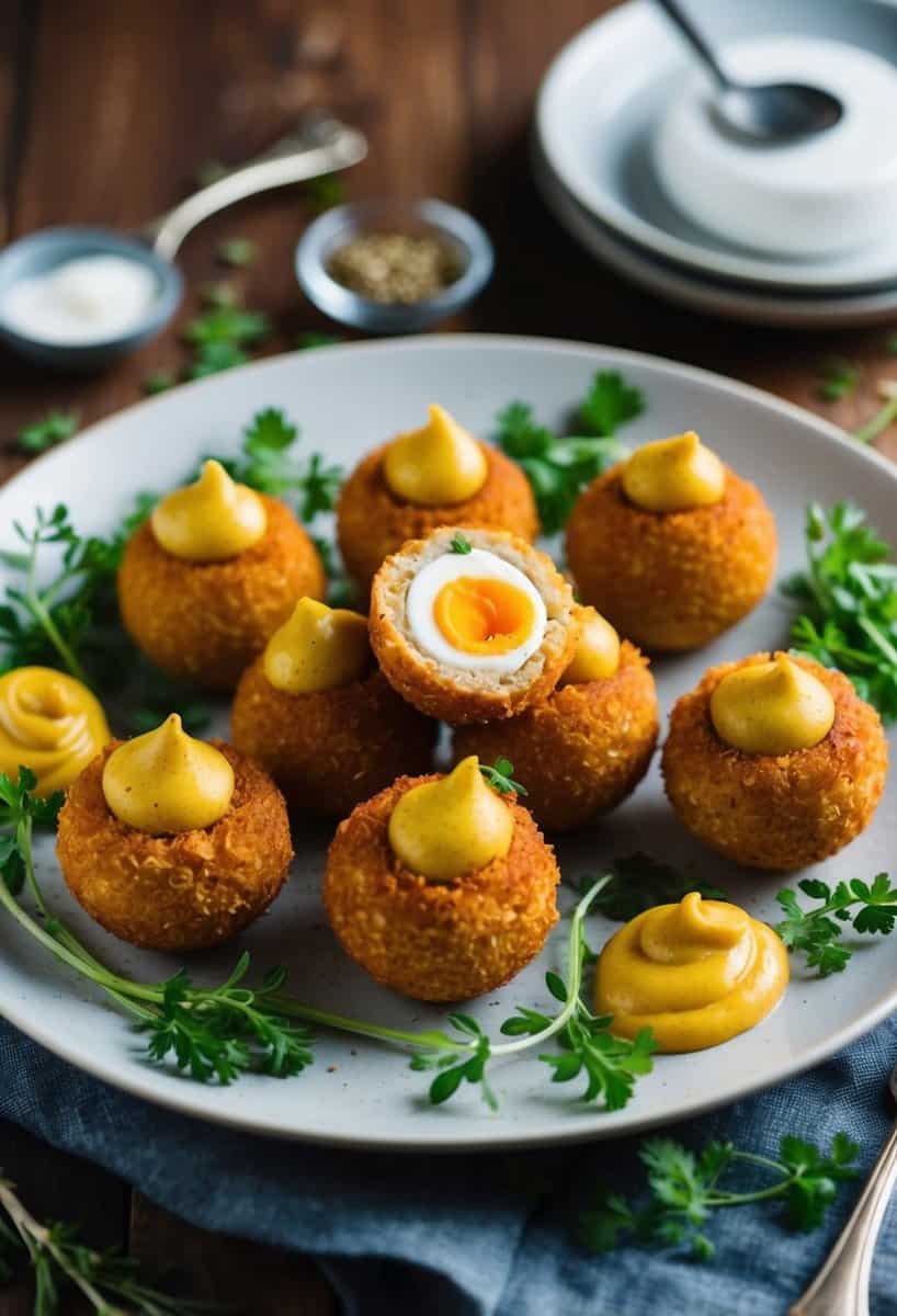 A plate of golden-brown scotch eggs surrounded by fresh herbs and a dollop of tangy mustard