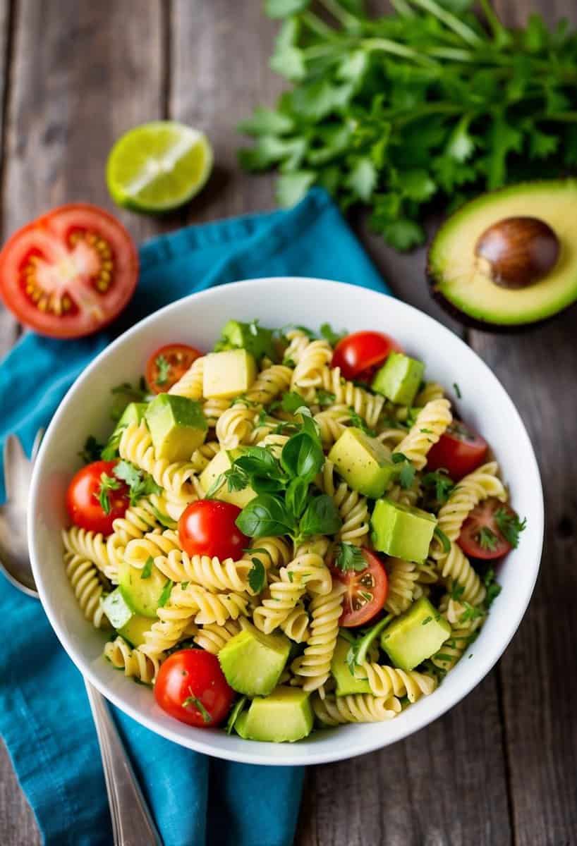 A colorful bowl of pasta salad with avocado, tomato, and fresh herbs, sitting on a rustic wooden table