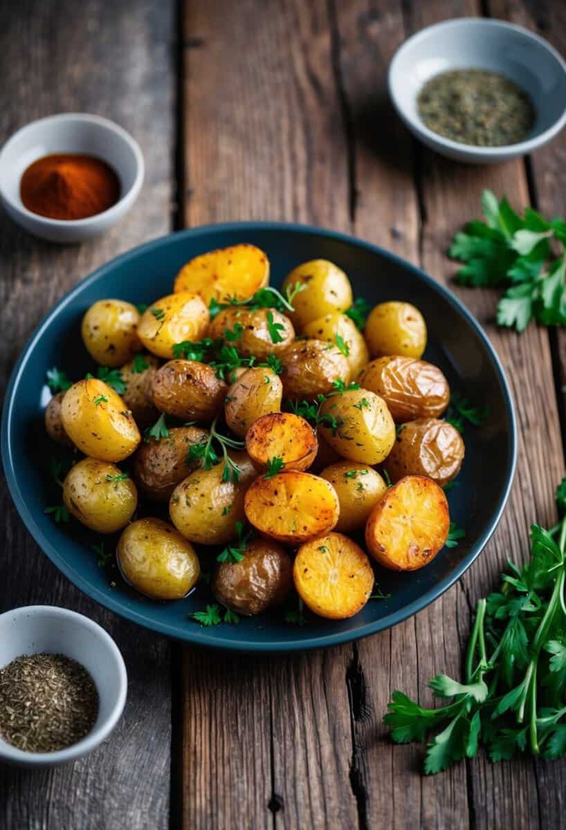 A rustic wooden table set with a platter of spicy roasted potatoes, garnished with fresh herbs and spices