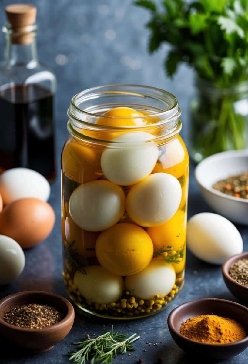 A jar filled with pickled hard-boiled eggs, surrounded by ingredients like vinegar, spices, and herbs