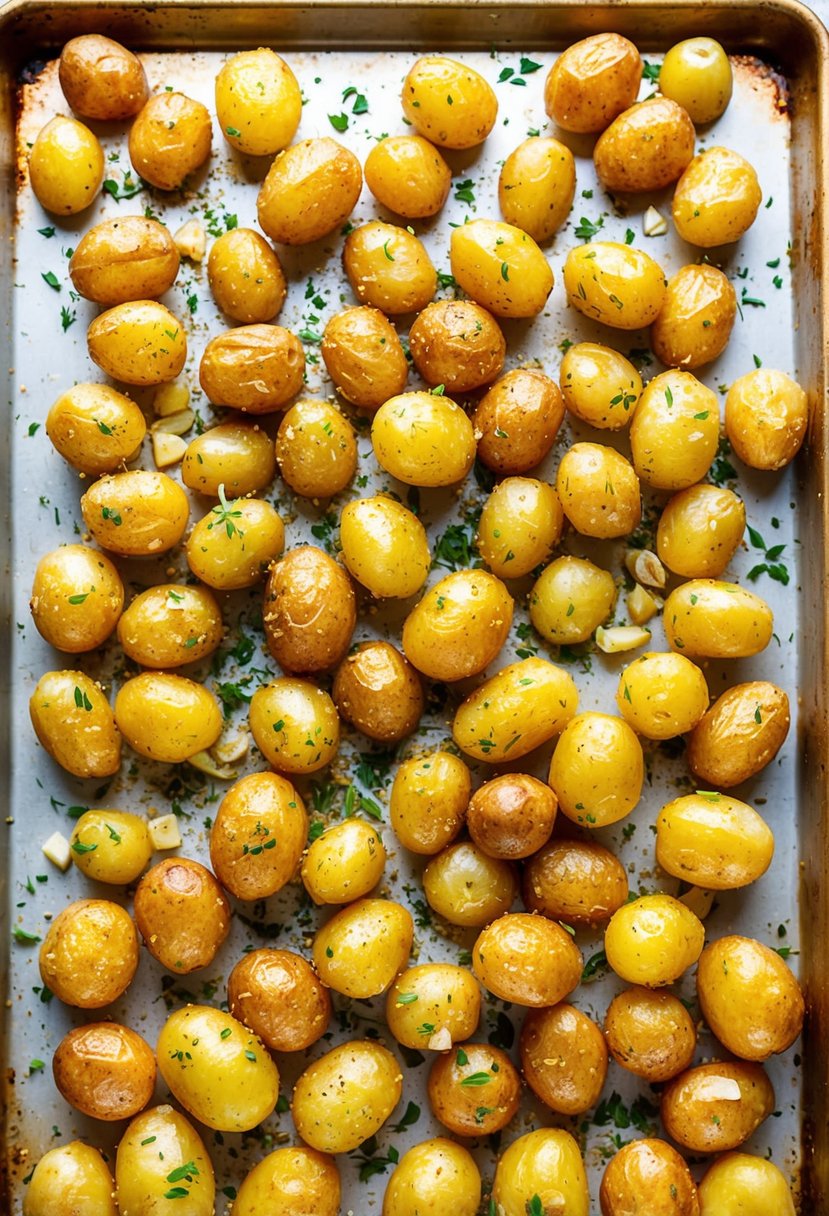 A baking sheet of golden, crispy roasted potatoes with garlic and herbs sprinkled on top