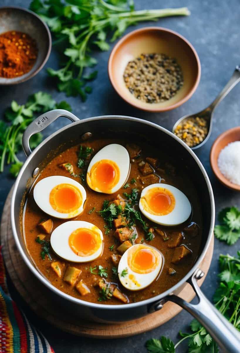 A pot simmering with hard-boiled eggs in a rich, aromatic curry sauce, surrounded by vibrant spices and fresh herbs