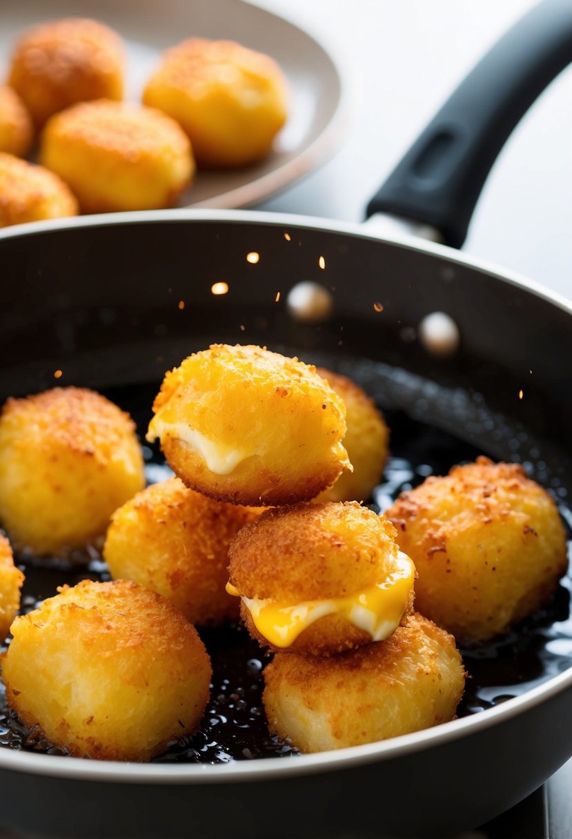 Golden-brown potato and cheese croquettes sizzling in hot oil