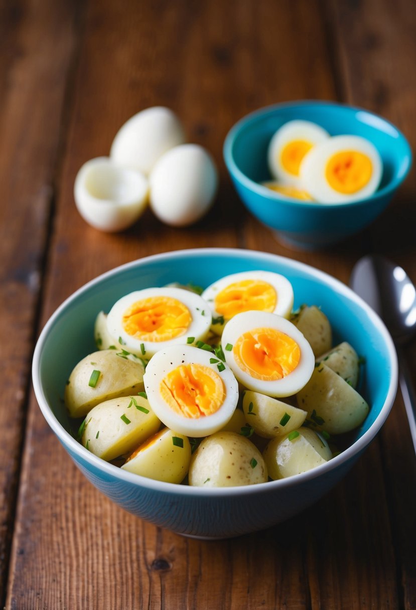 A bowl of potato salad with sliced hard-boiled eggs on a wooden table