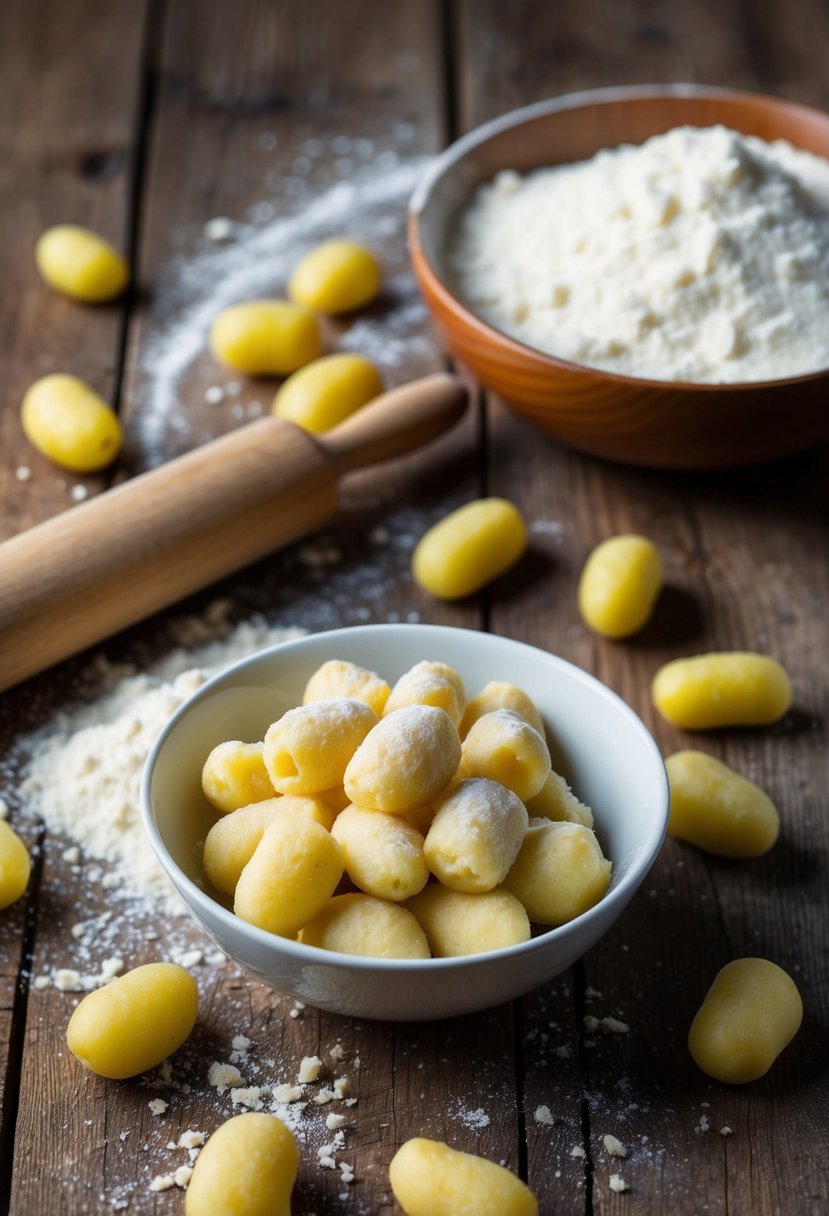 A rustic wooden table with scattered flour and potatoes, a rolling pin, and a bowl of freshly made potato gnocchi