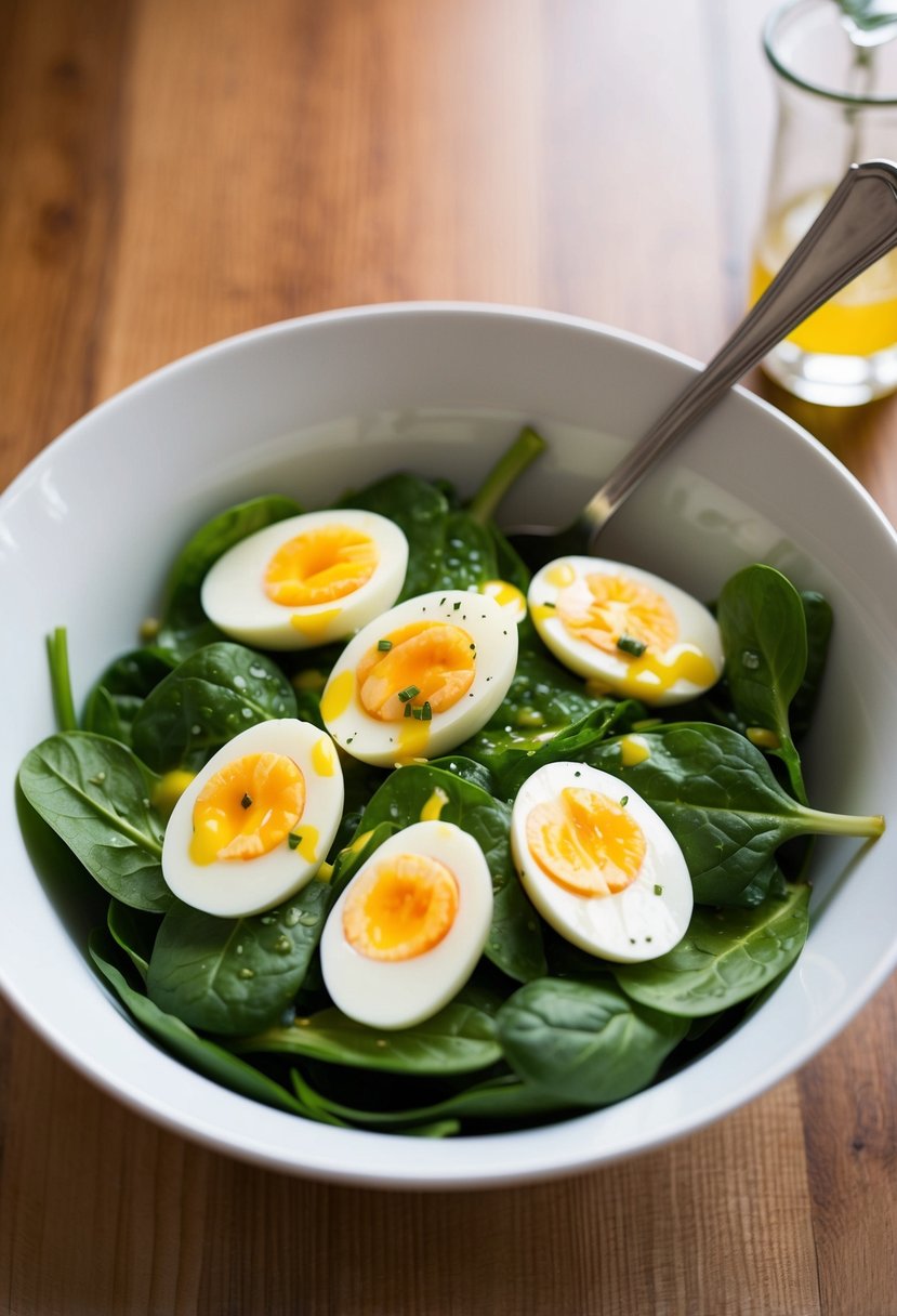 A bowl of spinach salad with sliced hard-boiled eggs, drizzled with vinaigrette, set on a wooden table