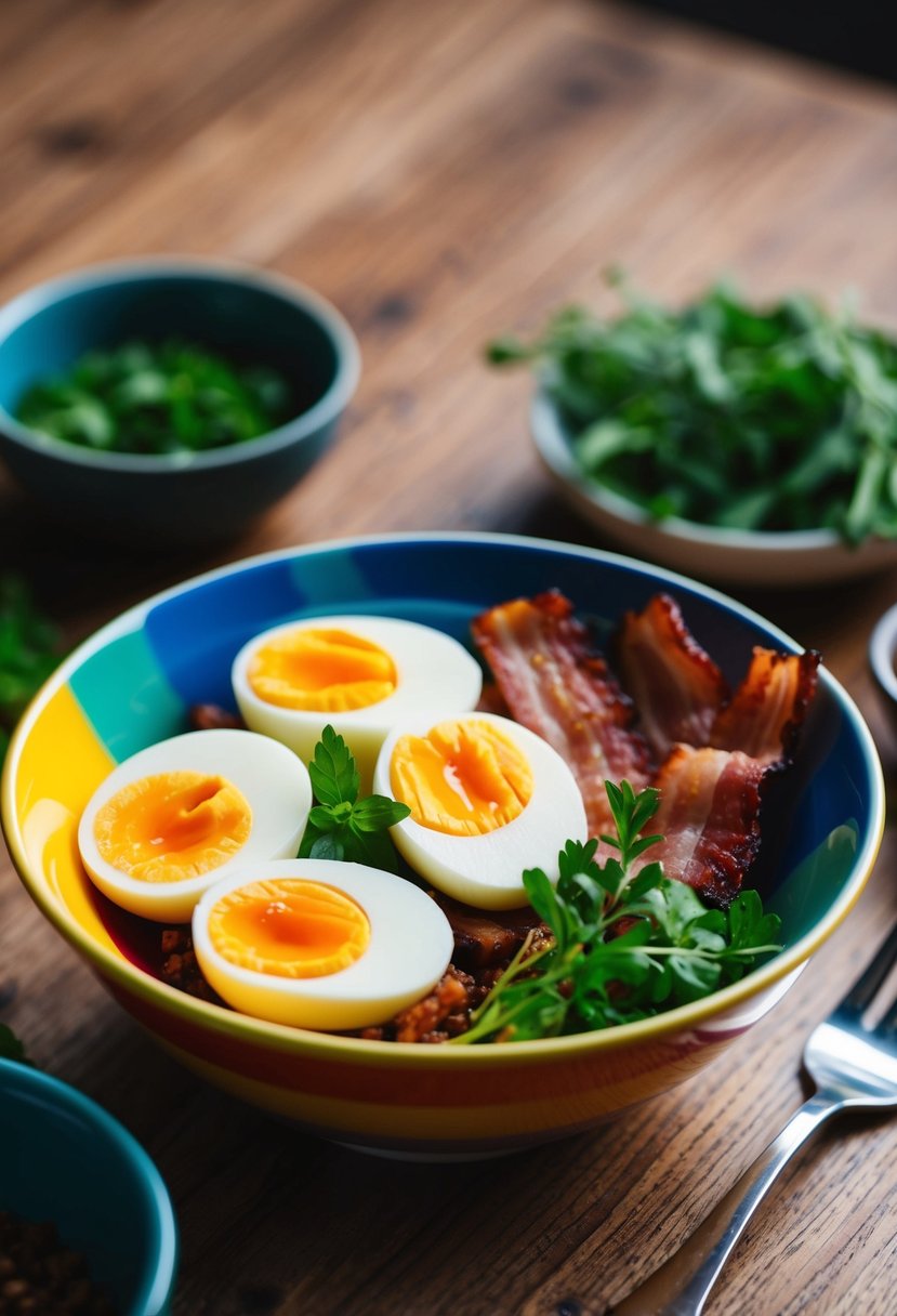 A colorful breakfast bowl with sliced hard-boiled eggs, crispy bacon, and fresh herbs