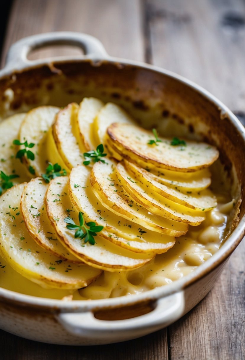 A golden-brown potato gratin sits in a rustic ceramic dish, layers of thinly sliced potatoes and creamy sauce visible. A sprinkle of fresh herbs adds a finishing touch