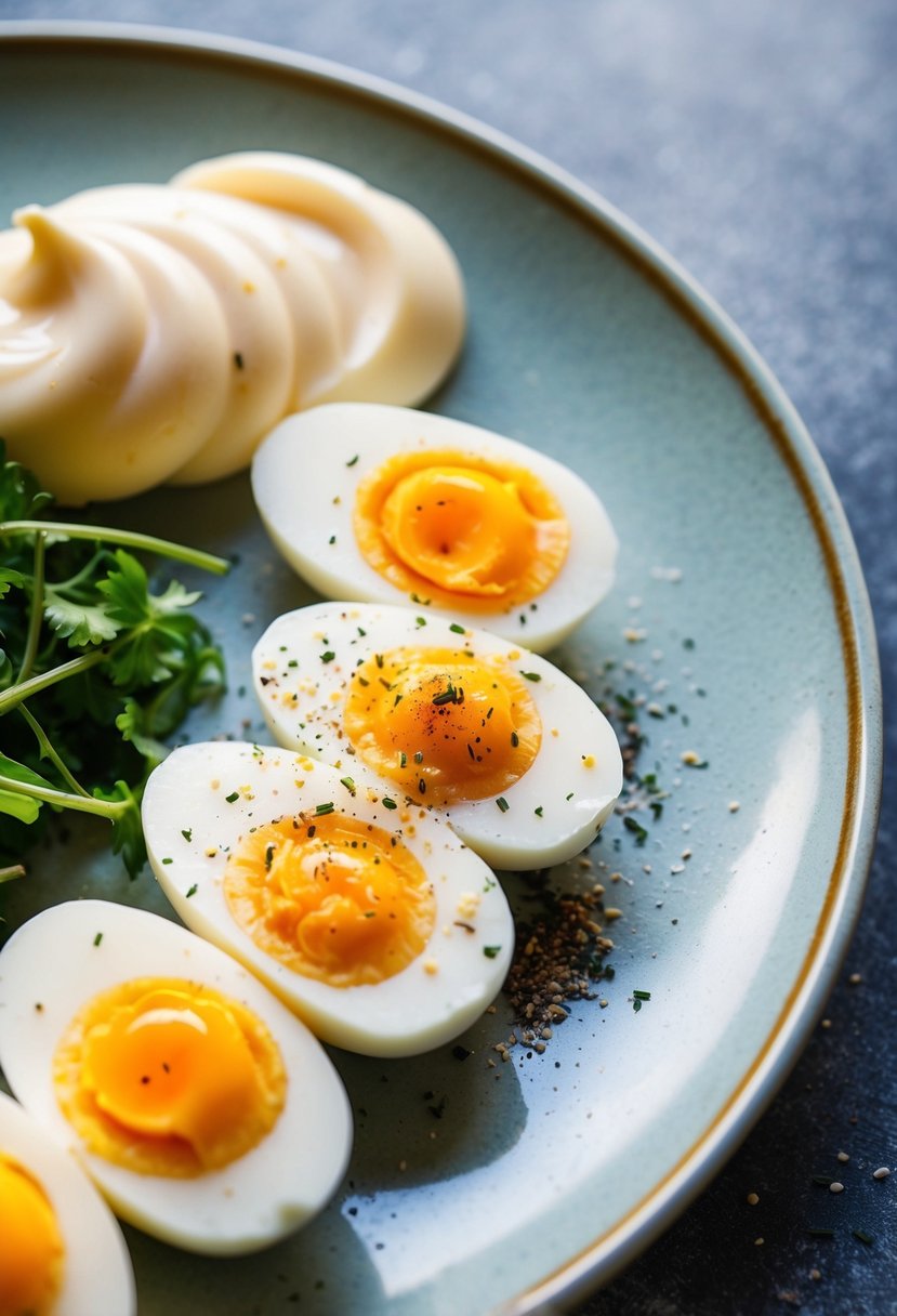 A plate with sliced hard-boiled eggs, a dollop of mayonnaise, and a sprinkle of seasoning