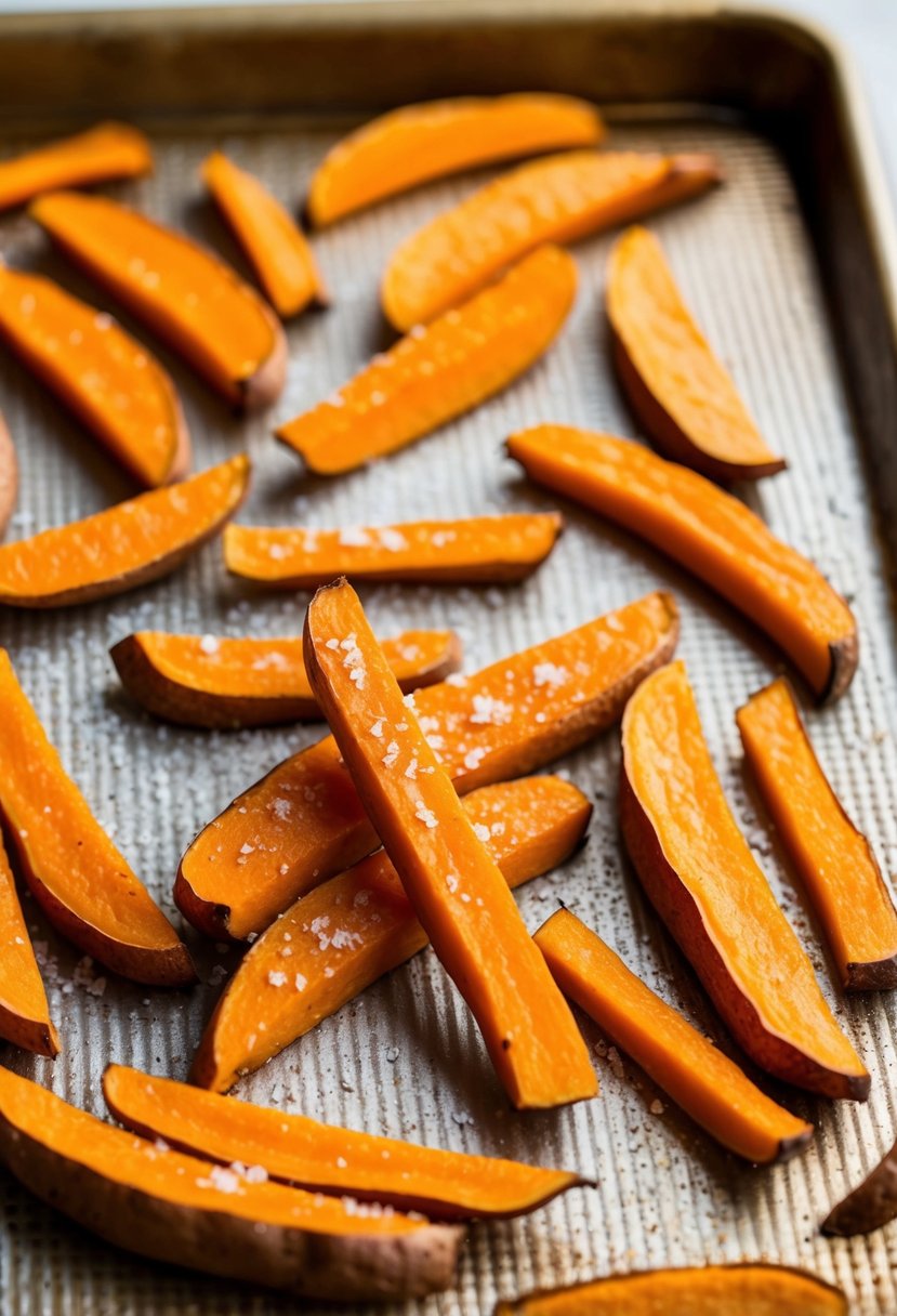 Golden sweet potato fries on a baking sheet with a sprinkle of salt