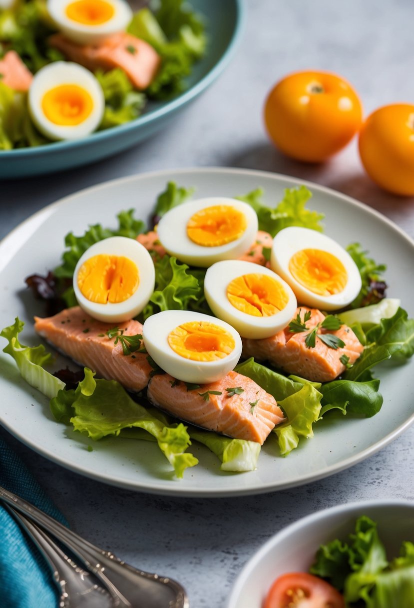 A plate of salmon and egg salad with hard-boiled eggs, lettuce, and tomatoes