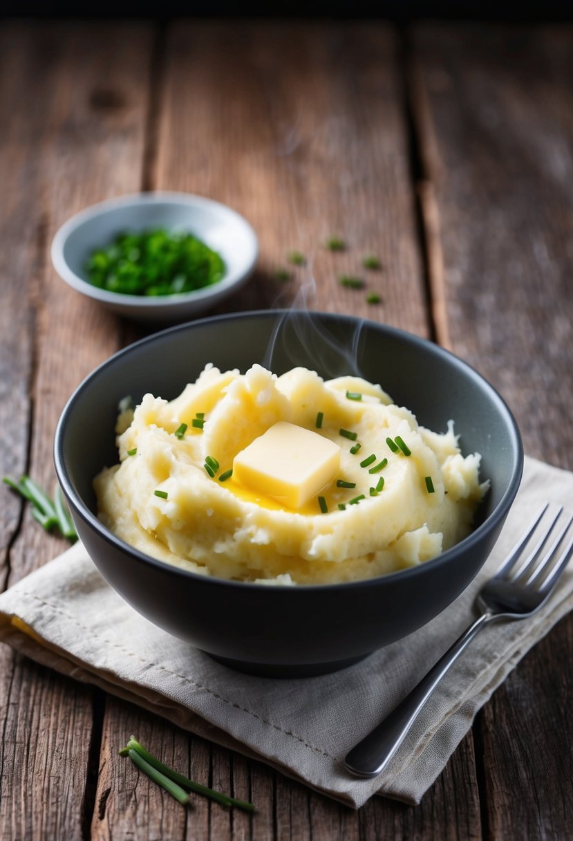 A rustic wooden table with a steaming bowl of fluffy buttermilk mashed potatoes, garnished with a pat of melting butter and a sprinkle of chopped chives