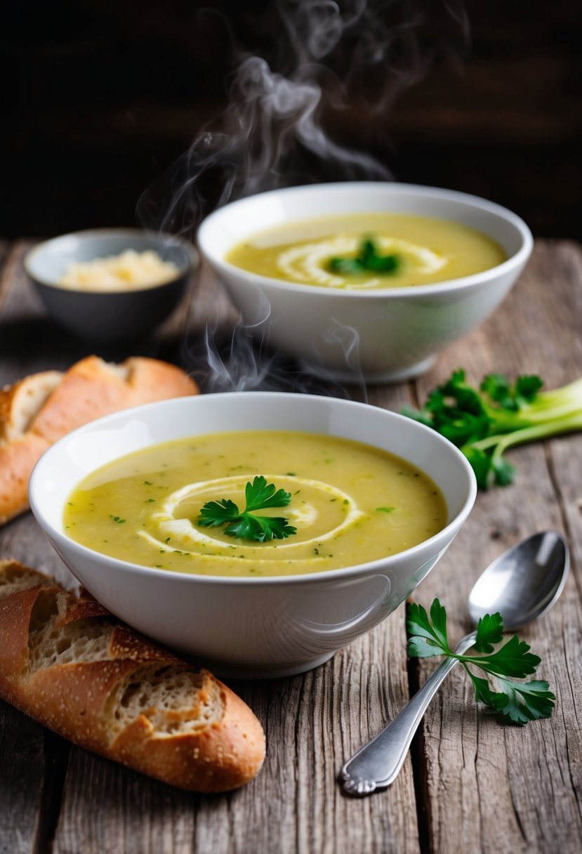 A steaming bowl of potato leek soup sits on a rustic wooden table, accompanied by a loaf of crusty bread and a sprig of fresh parsley