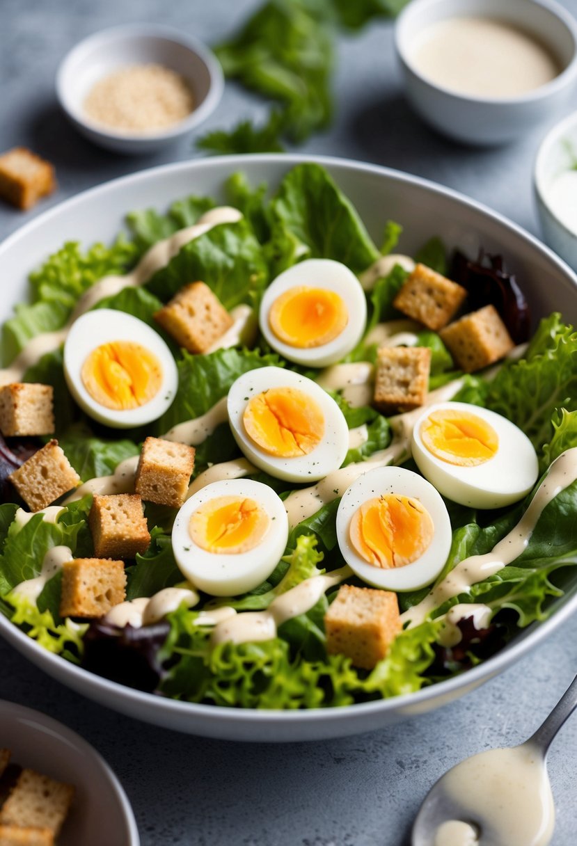 A Caesar salad with hard-boiled eggs, surrounded by fresh lettuce, croutons, and a drizzle of creamy dressing