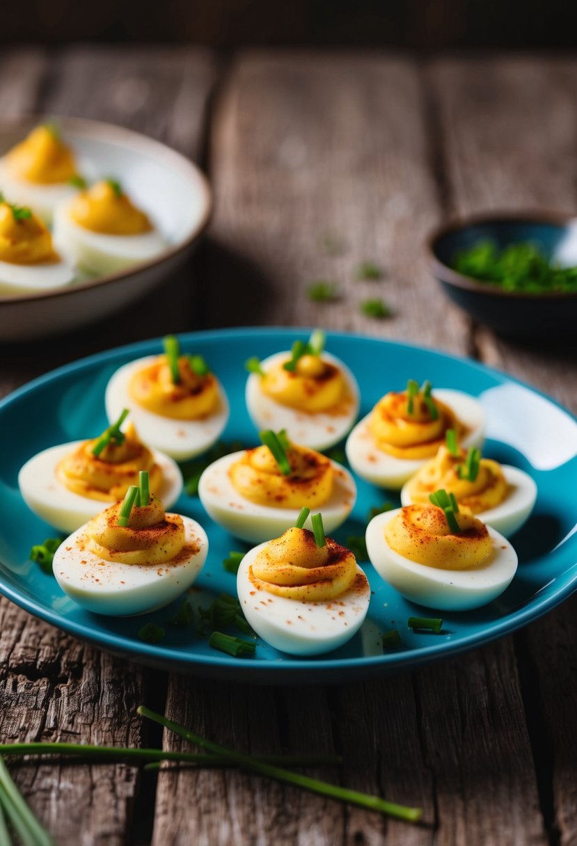 A plate of smoked paprika deviled eggs, garnished with chives, sits on a rustic wooden table