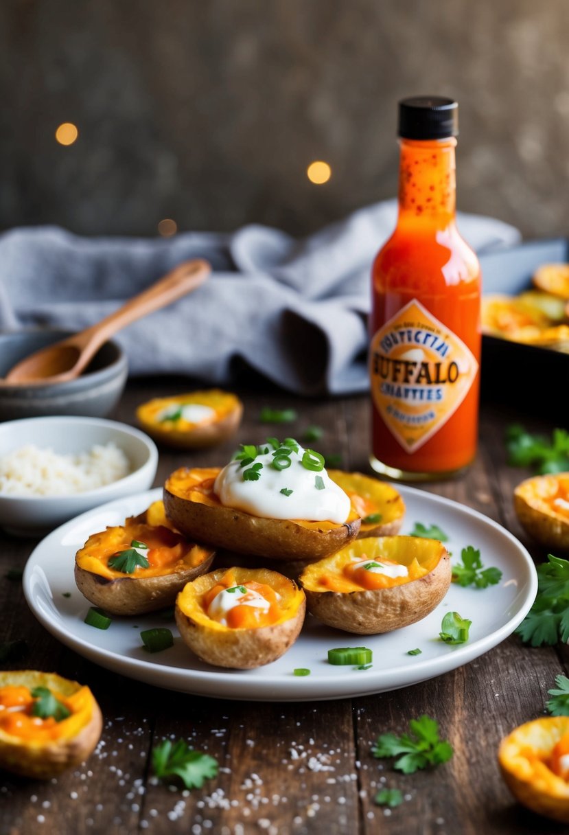 A plate of buffalo potato skins surrounded by scattered ingredients and a bottle of hot sauce