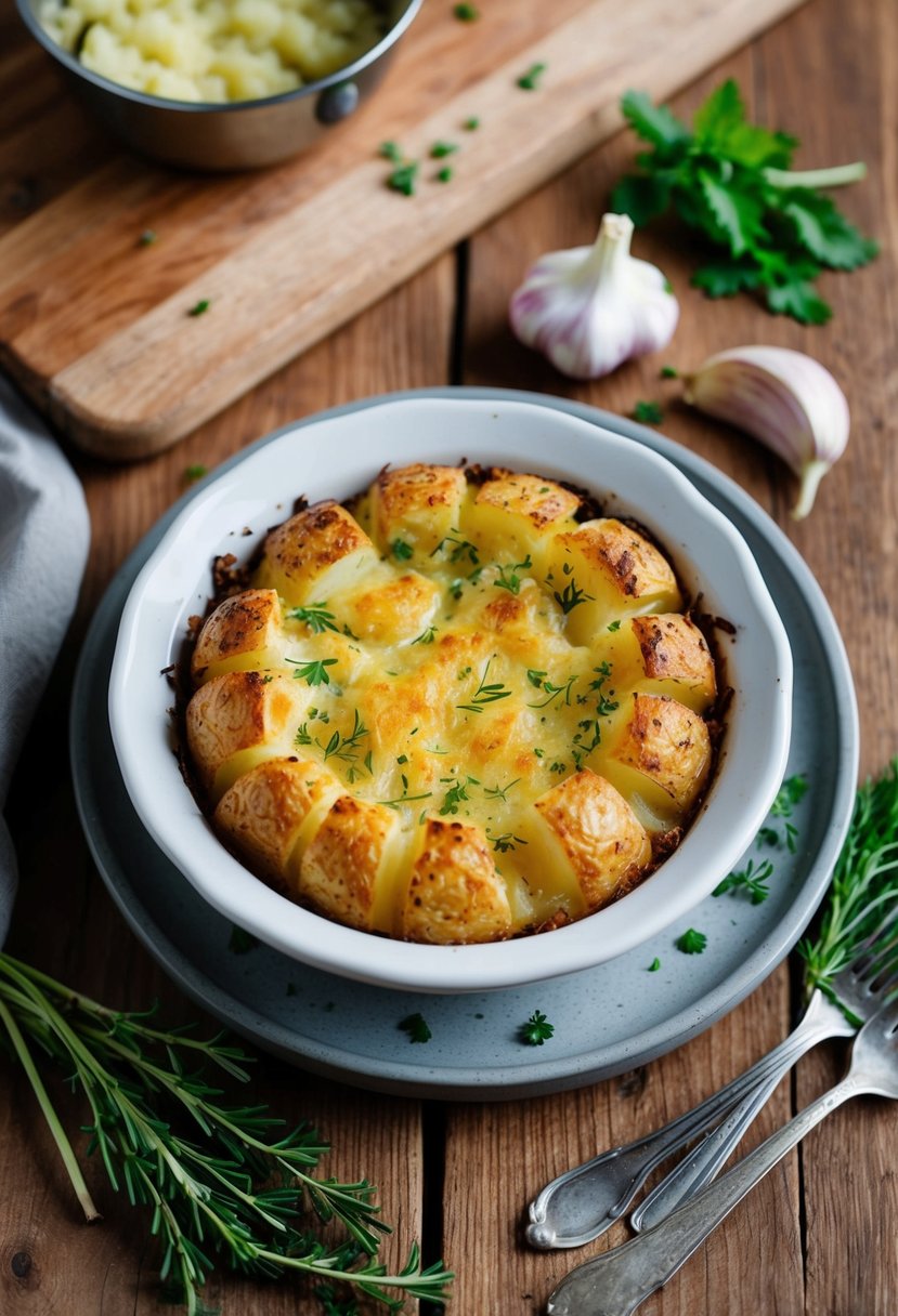 A rustic wooden table with a golden-brown herb-crusted potato bake surrounded by fresh herbs and garlic cloves