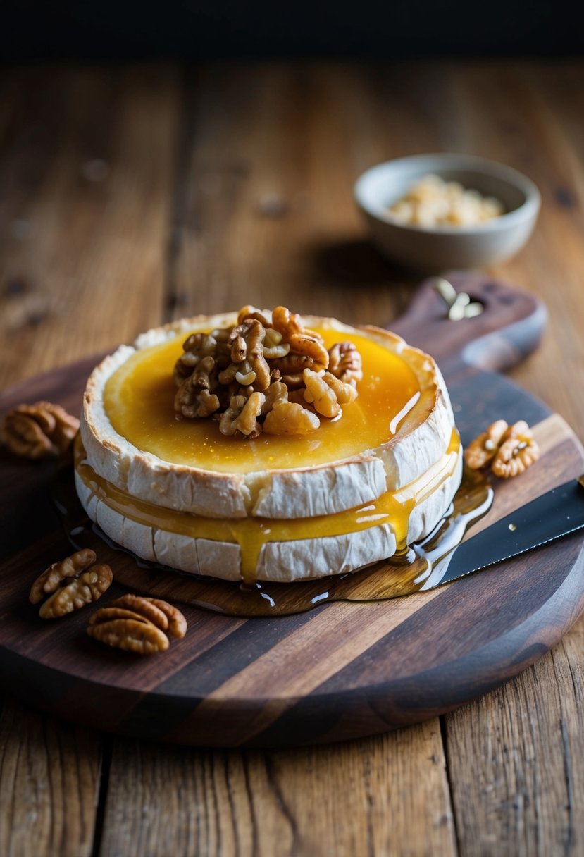 A round of baked brie topped with honey and walnuts on a wooden serving board