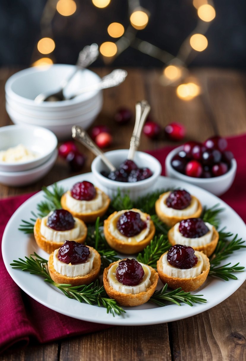 A platter of Cranberry Brie Bites arranged with garnish and serving utensils