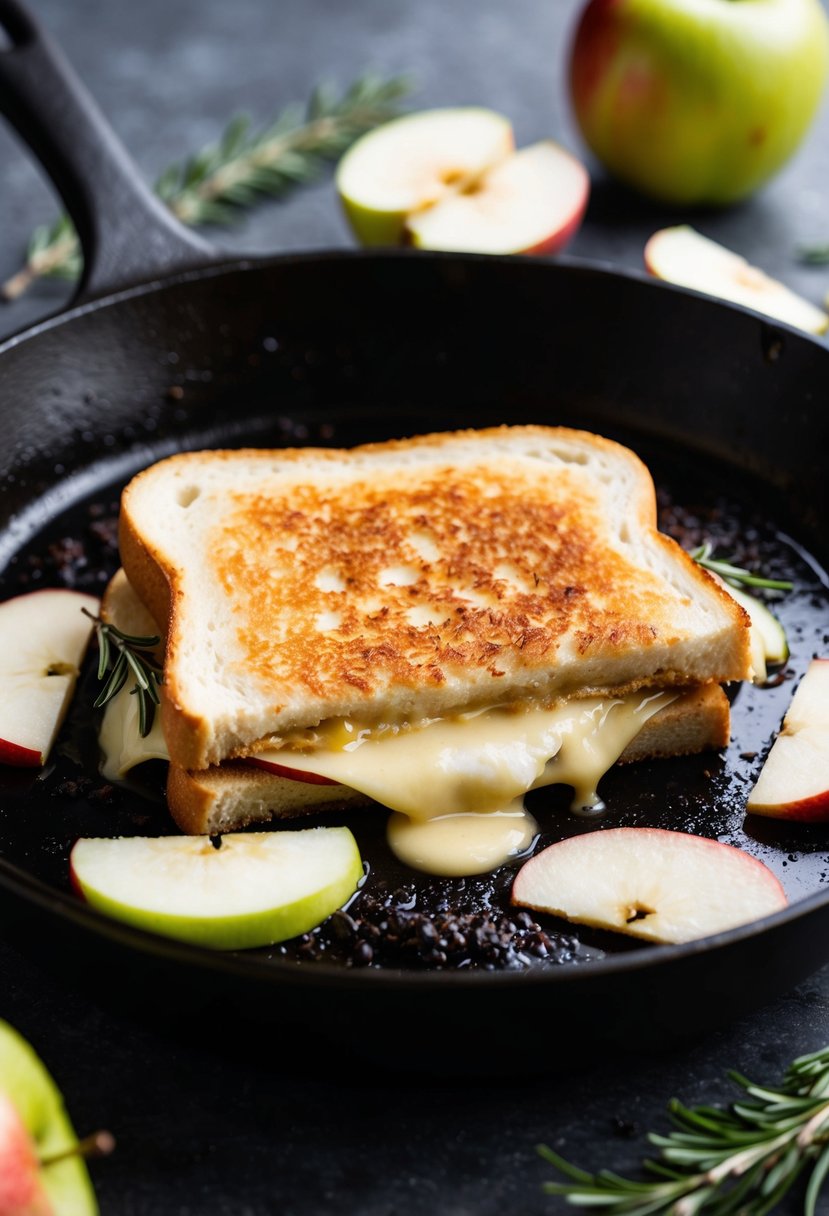 A skillet with a sizzling grilled cheese sandwich, oozing brie and slices of apple, surrounded by a few scattered apple slices and a sprig of fresh rosemary