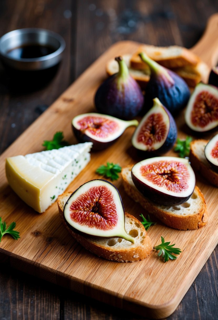 A wooden cutting board with sliced figs, a wedge of brie, and toasted crostini arranged artfully