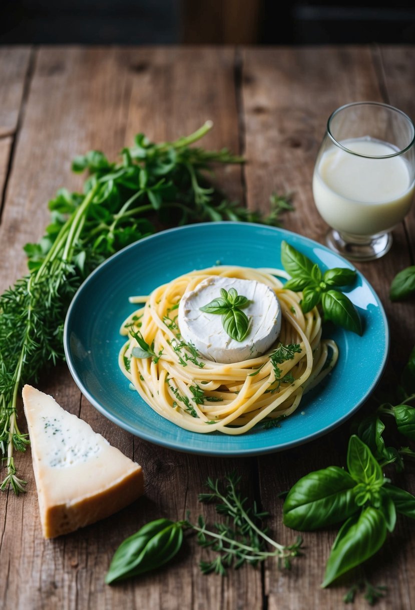 A rustic kitchen table with a plate of creamy brie and basil pasta, surrounded by fresh herbs and a wedge of brie cheese