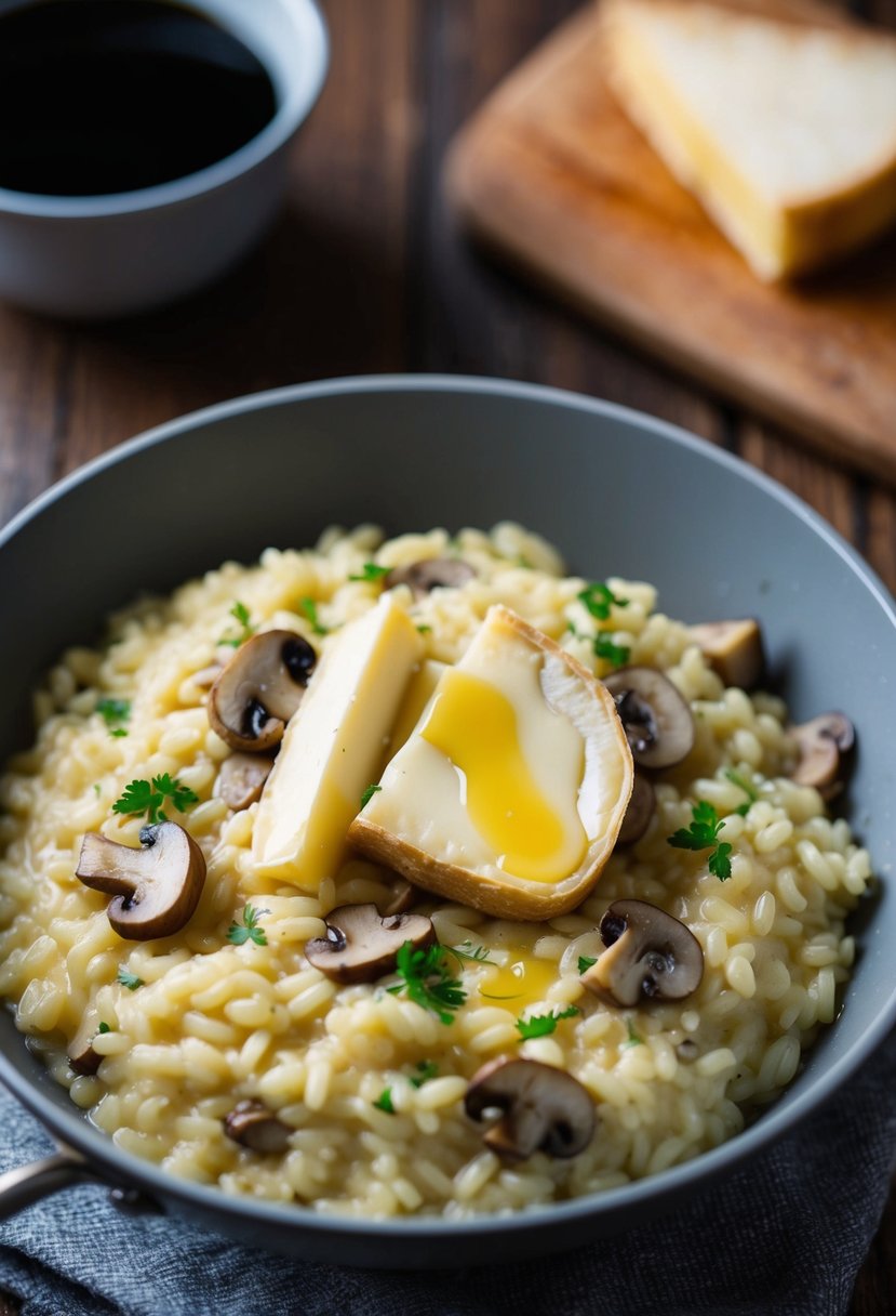 A bubbling pot of creamy risotto with slices of brie and sautéed mushrooms