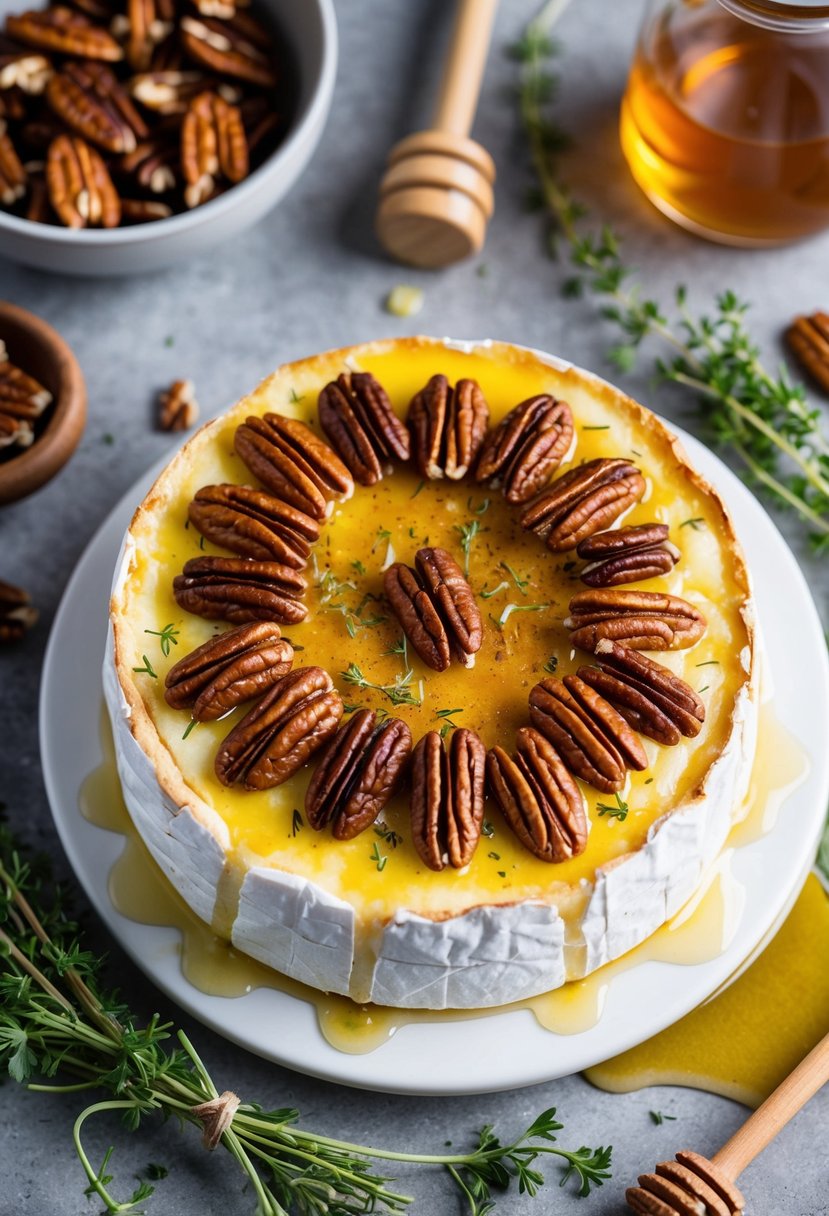 A round of brie cheese topped with maple pecans, baked to a golden brown, surrounded by fresh herbs and a drizzle of honey