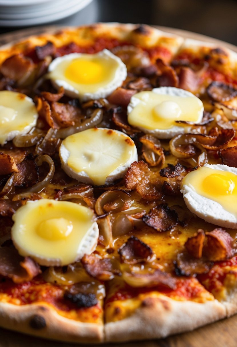 A sizzling pizza topped with melted brie, crispy bacon, and caramelized onions on a golden crust