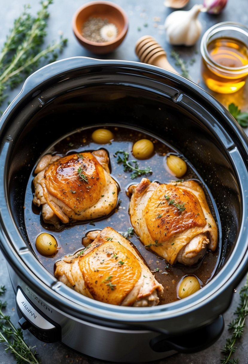 Chicken thighs cooking in a slow cooker with honey and garlic, surrounded by herbs and spices