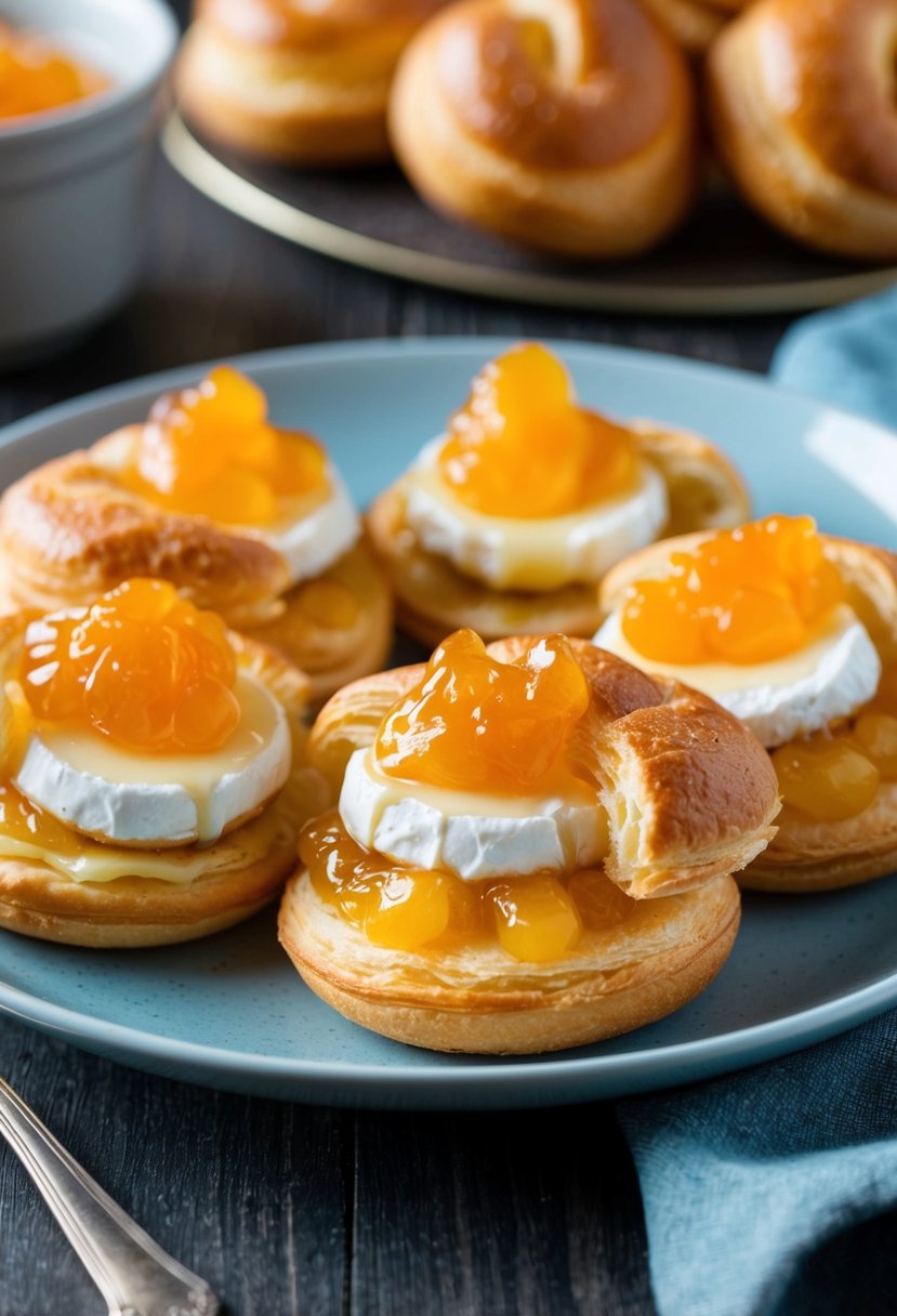 A plate of golden puff pastries filled with creamy brie and topped with a dollop of sweet apricot jam