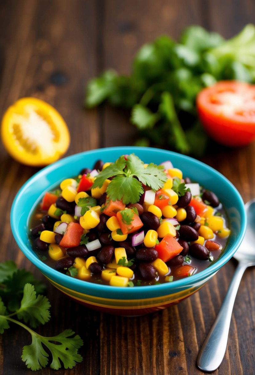 A colorful bowl of black bean and corn salsa, with diced tomatoes, onions, and cilantro, sits on a wooden table