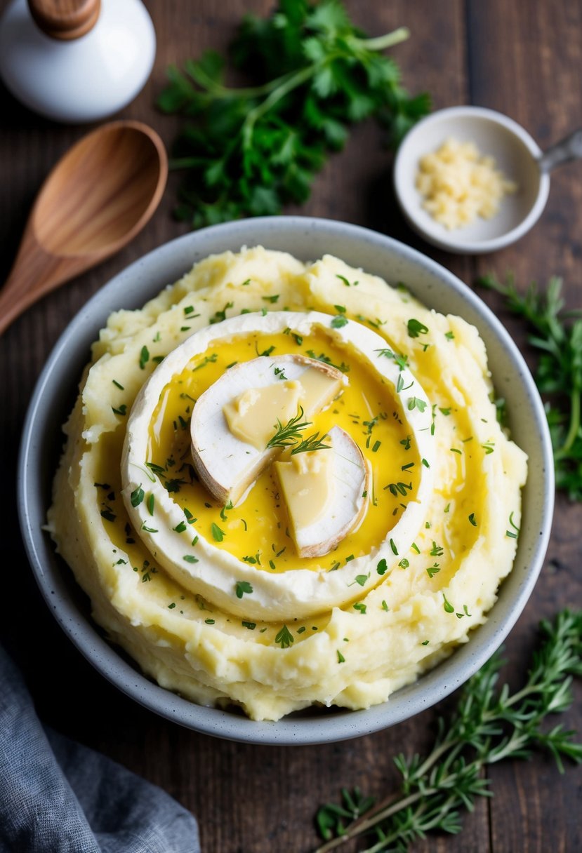 A steaming bowl of creamy mashed potatoes topped with melted brie and sprinkled with chopped garlic, surrounded by fresh herbs and a rustic wooden spoon