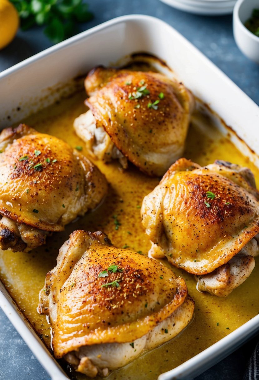 Golden brown chicken thighs sprinkled with paprika, sizzling in a baking dish