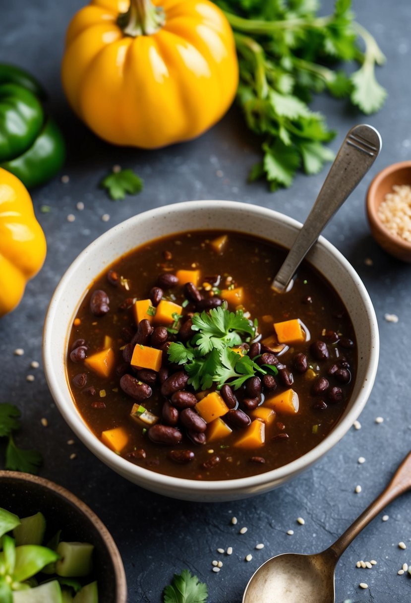 A steaming bowl of spicy black bean soup surrounded by fresh ingredients and a rustic spoon