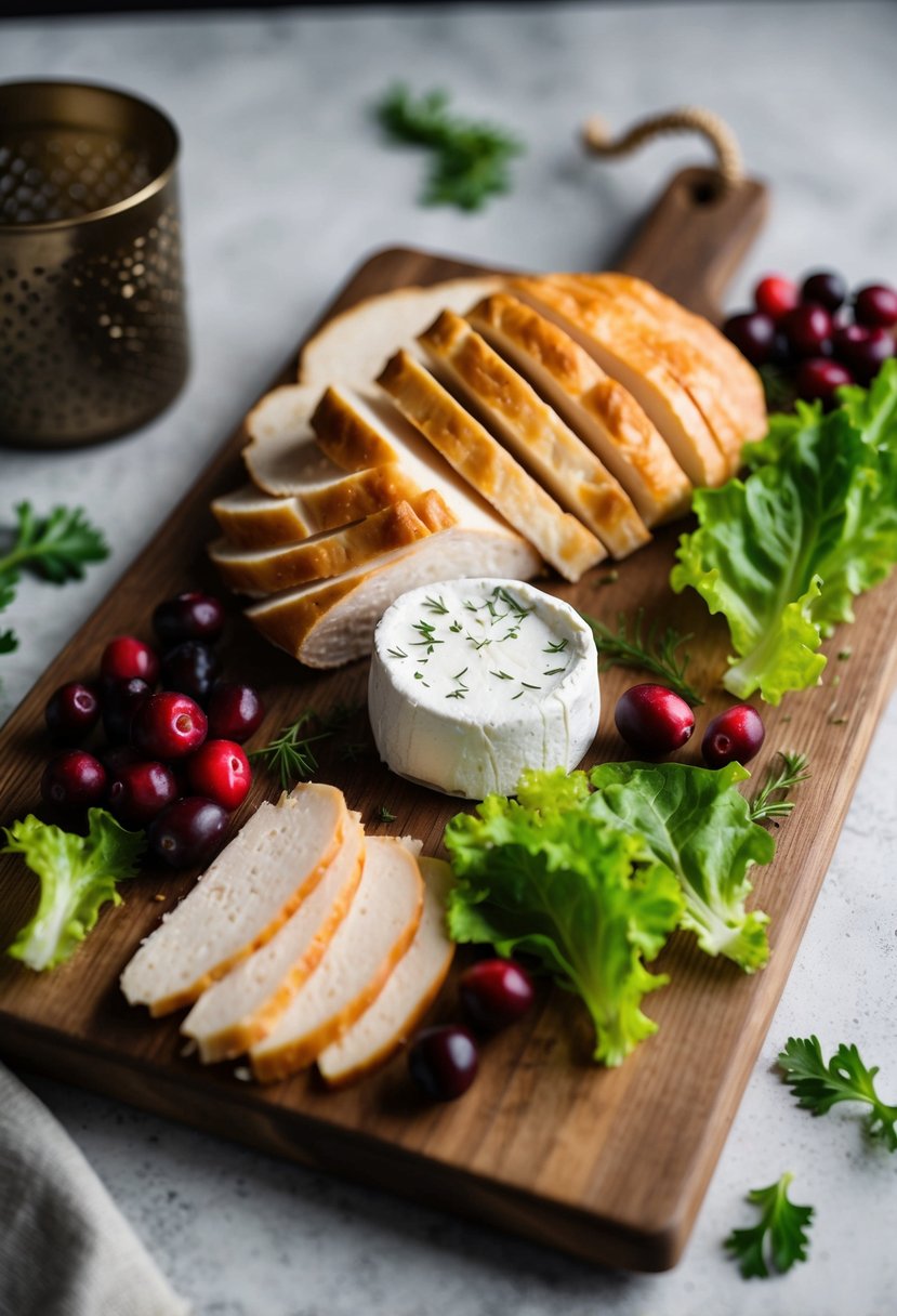 A rustic wooden cutting board with sliced brie, cranberries, and turkey, surrounded by fresh lettuce and a sprinkle of herbs