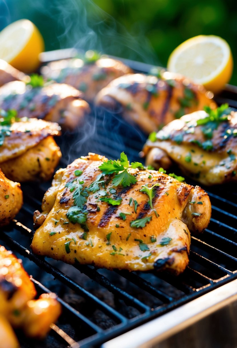 Juicy grilled chicken thighs marinated in lemon and herbs, sizzling on the barbecue