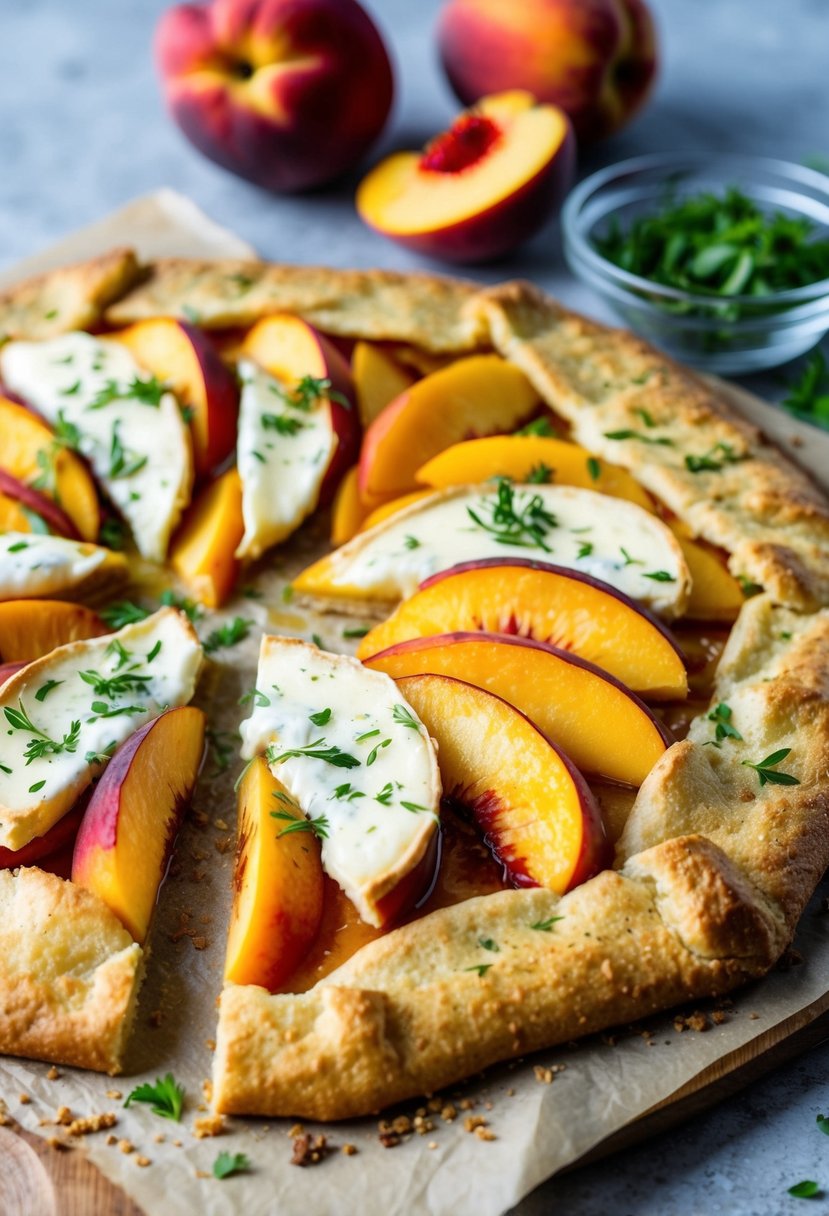 A rustic galette with sliced peaches and melted brie, sprinkled with fresh herbs, cooling on a wooden baking sheet