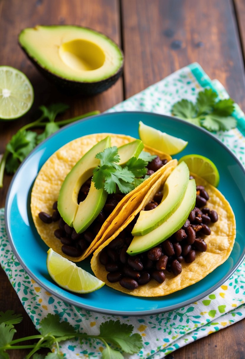 A colorful plate of black bean tacos topped with sliced avocado and garnished with fresh cilantro and lime wedges on a wooden table