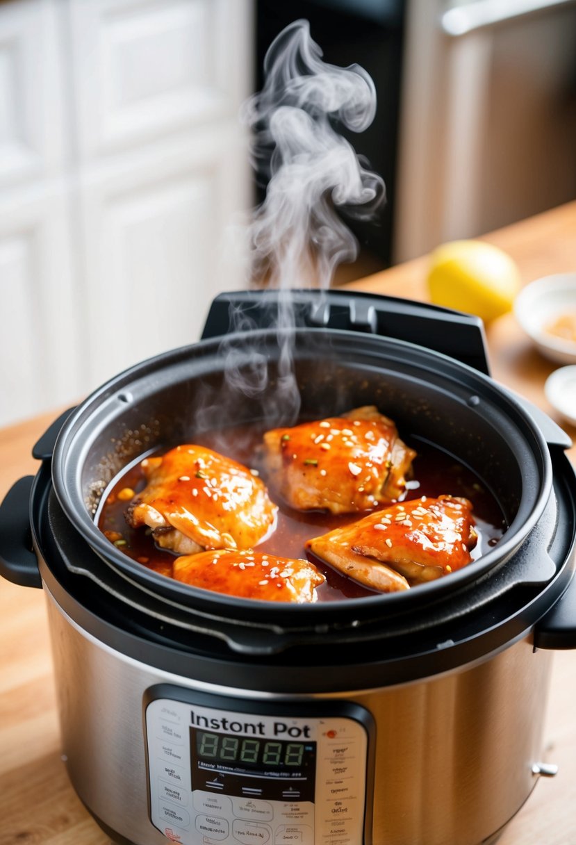 Chicken thighs marinating in teriyaki sauce in an Instant Pot. Steam rising, lid on, with a timer set