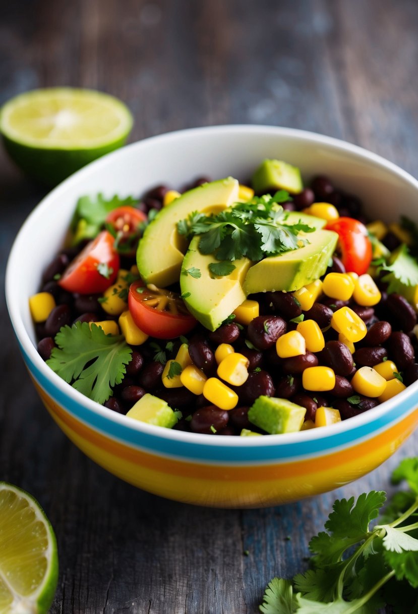 A colorful bowl of Southwestern Black Bean Salad with tomatoes, corn, avocado, and cilantro, topped with a zesty lime vinaigrette