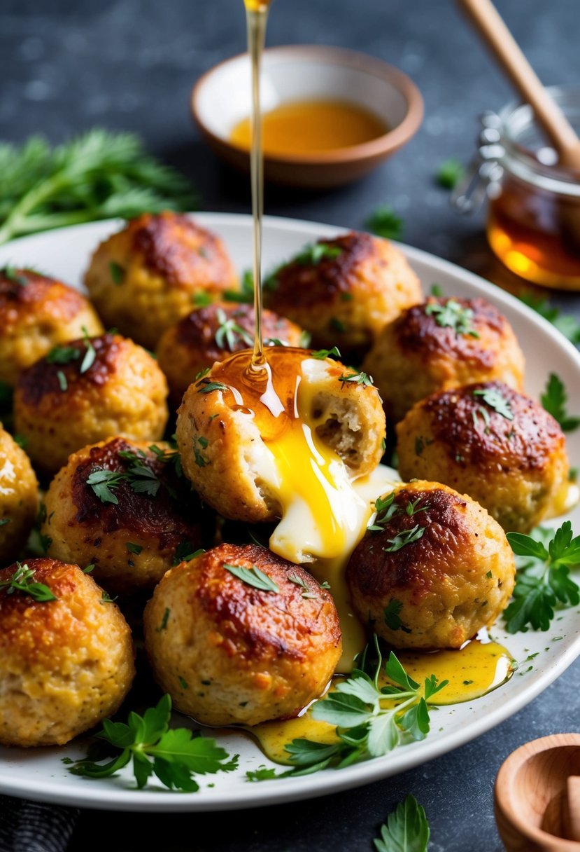 A platter of golden brown meatballs oozing with melted brie cheese, surrounded by fresh herbs and a drizzle of honey