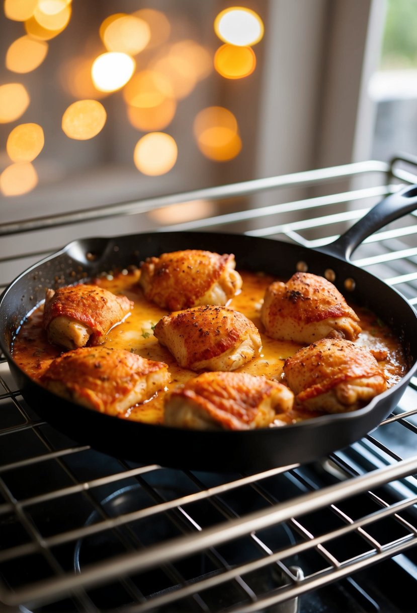 A sizzling pan of Cajun-seasoned chicken thighs baking in the oven