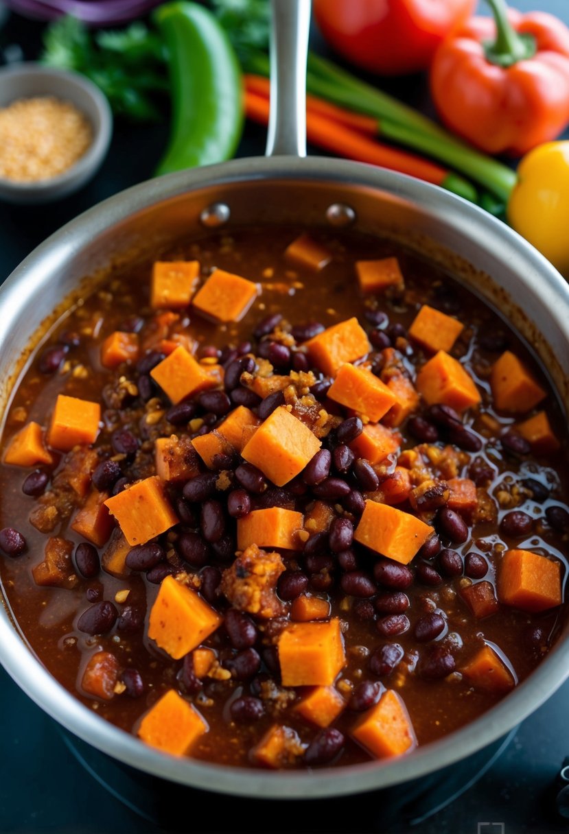 A bubbling pot of black bean and sweet potato chili simmers on a stovetop, surrounded by colorful spices and fresh vegetables