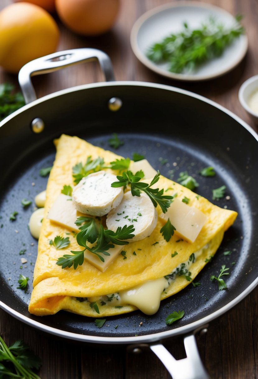 A skillet sizzling with a fluffy omelet filled with creamy brie and fresh herbs