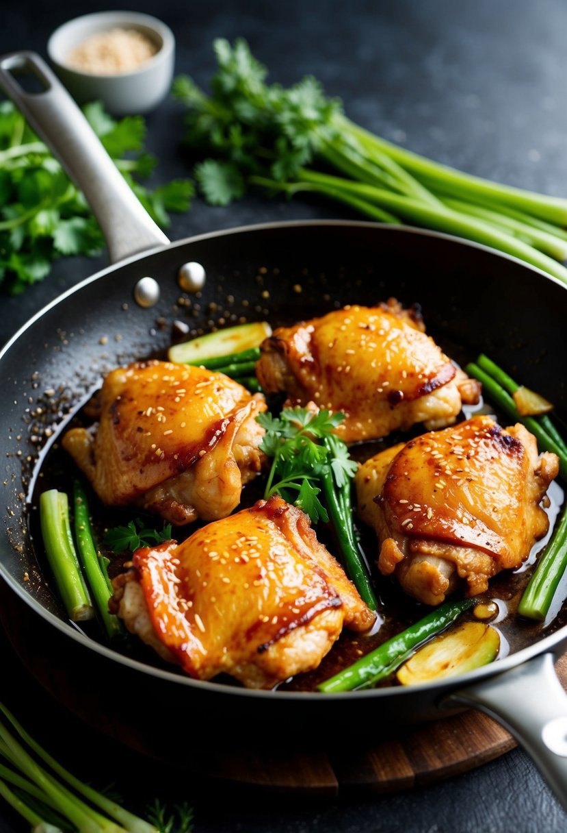 A sizzling skillet with golden-brown chicken thighs coated in a sticky soy ginger glaze, surrounded by vibrant green vegetables and aromatic herbs