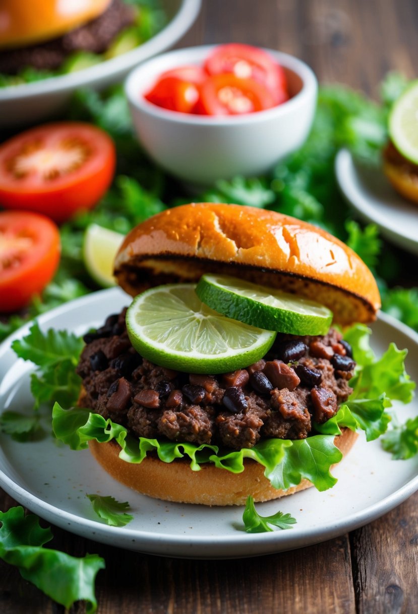 A sizzling black bean burger topped with fresh lime slices on a toasted bun, surrounded by vibrant green lettuce and juicy red tomato slices