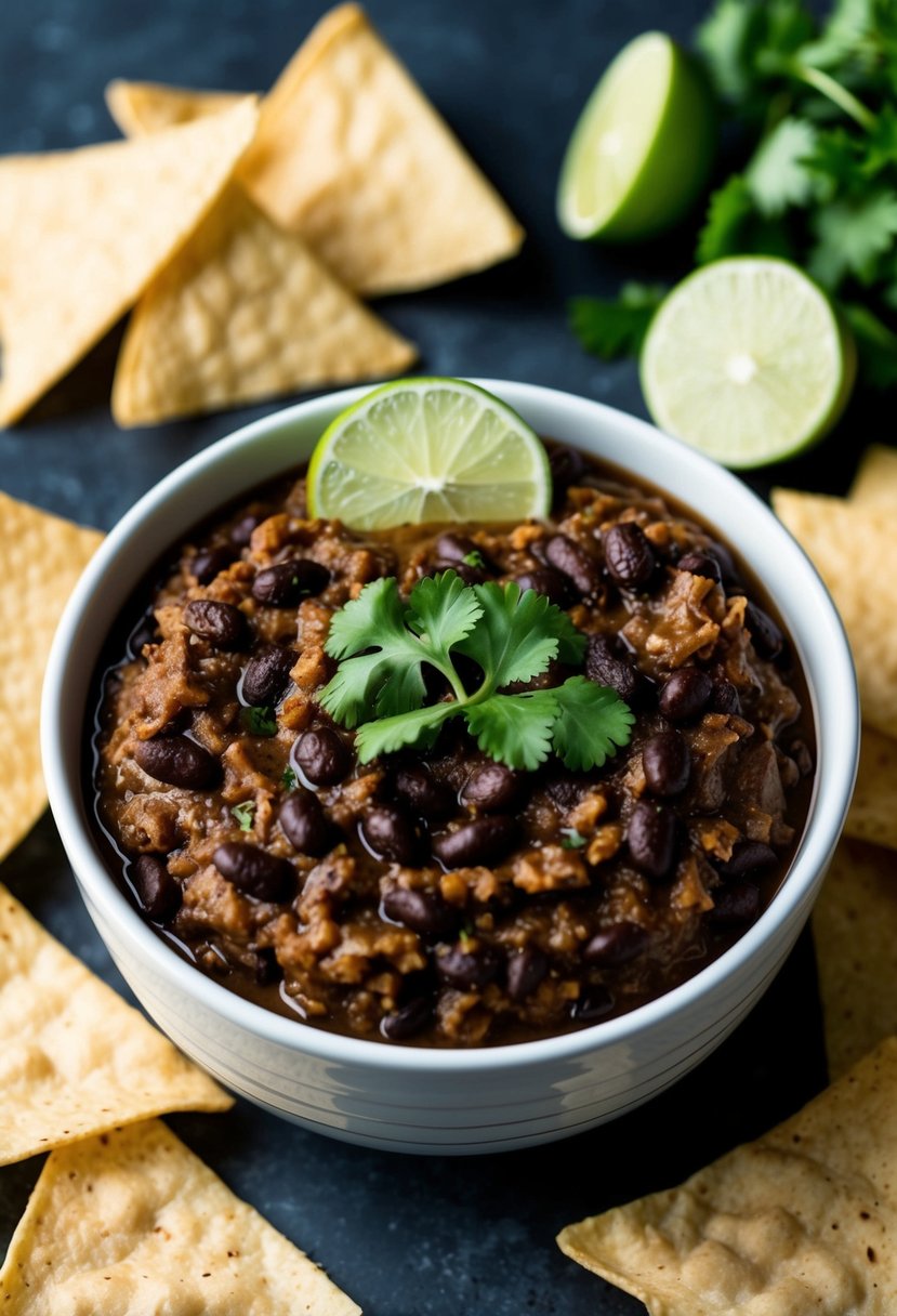 A bowl of smoky black bean dip surrounded by tortilla chips and garnished with cilantro and lime slices